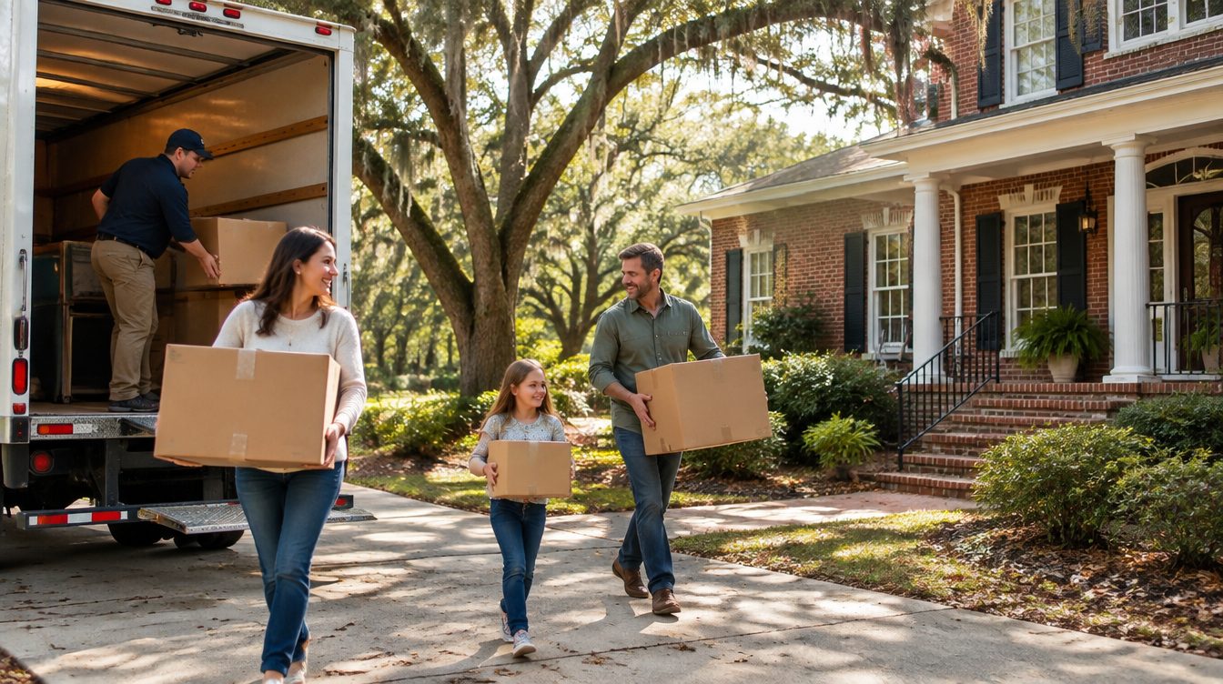 Professional movers carrying boxes from a moving truck into a home in Alabama