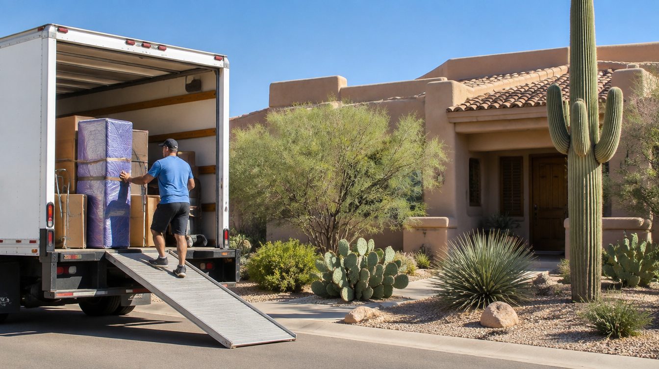 Professional movers carrying boxes from a moving truck into a home in Arizona