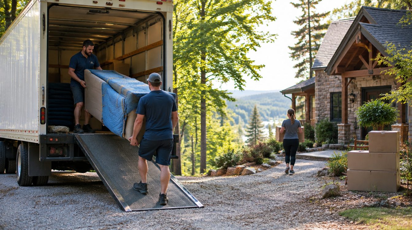 Professional movers carrying boxes from a moving truck into a home in Arkansas