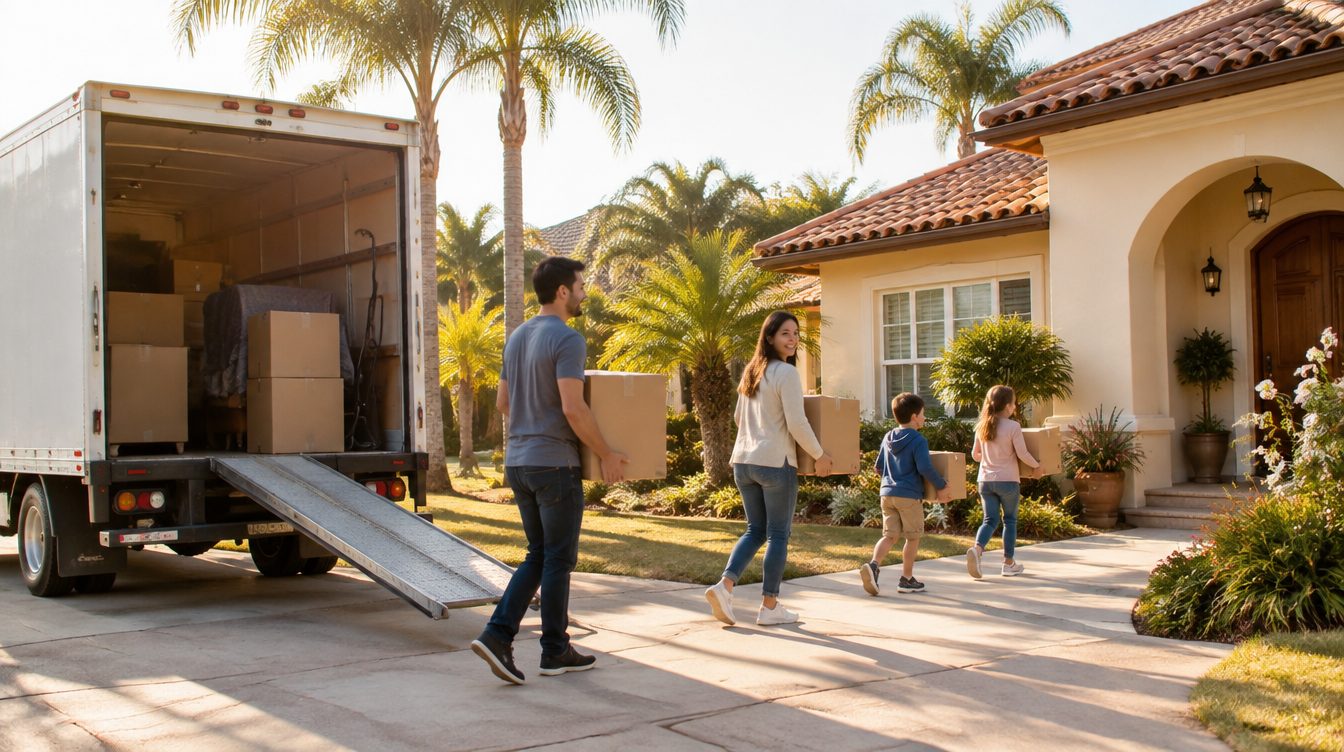 Professional movers carrying boxes from a moving truck into a home in California