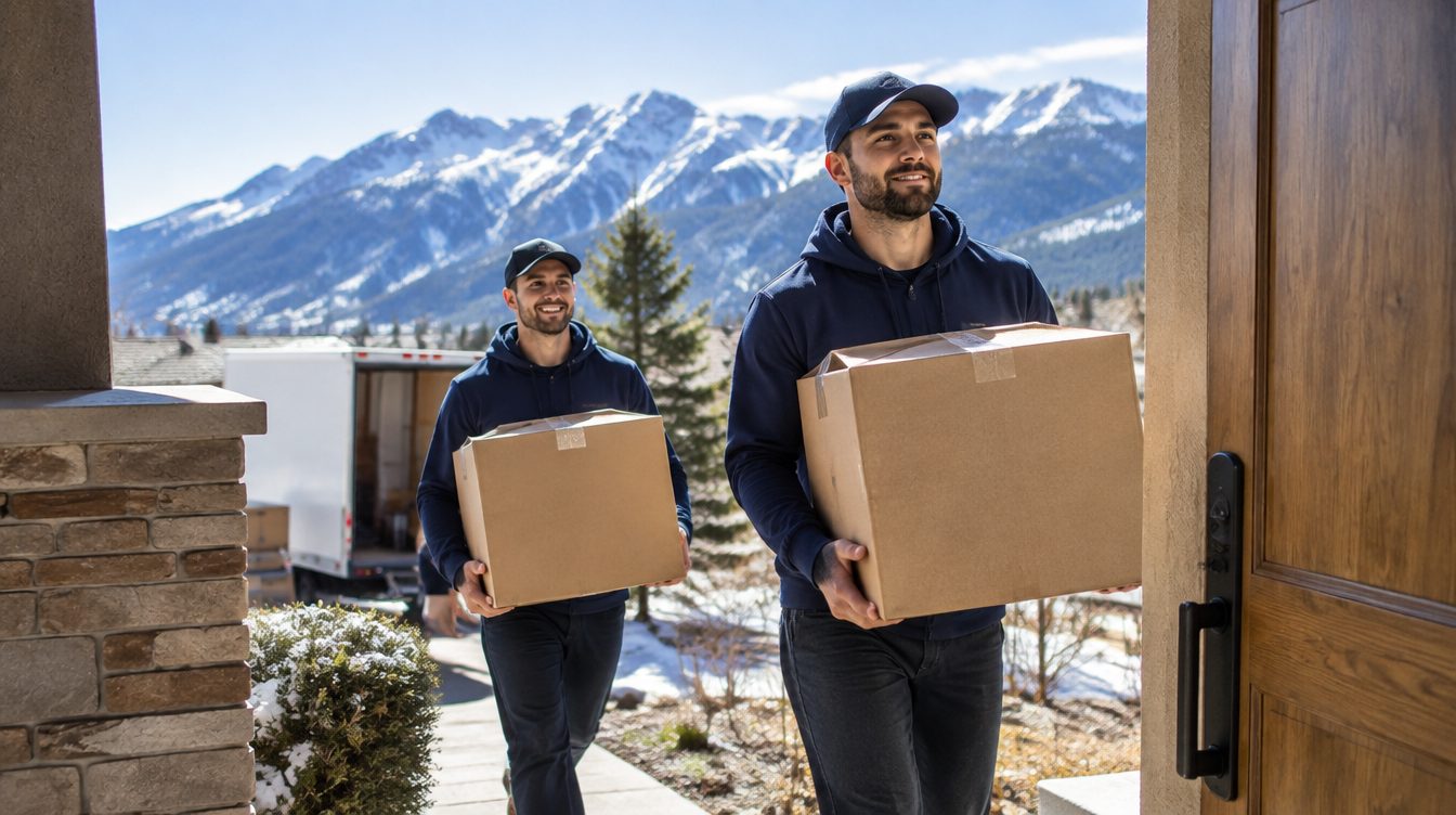 Professional movers carrying boxes from a moving truck into a home in Colorado