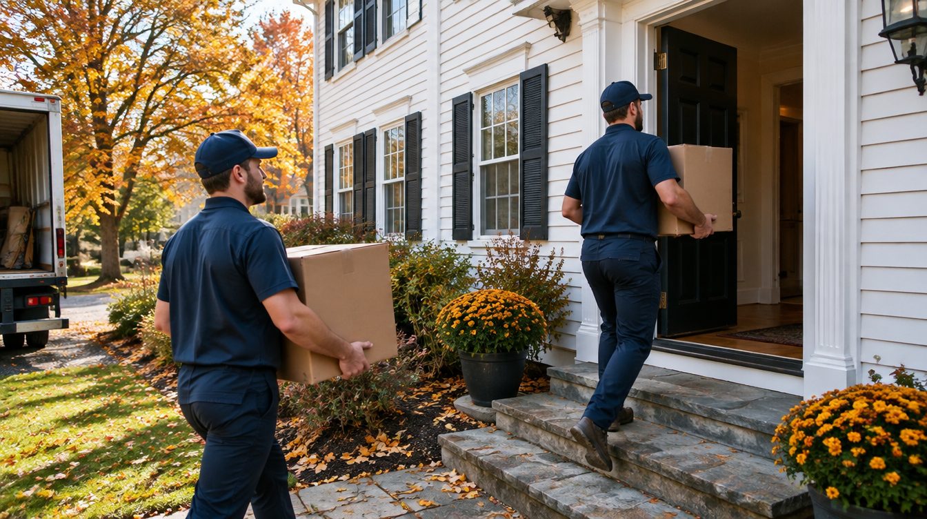 Professional movers carrying boxes from a moving truck into a home in Connecticut