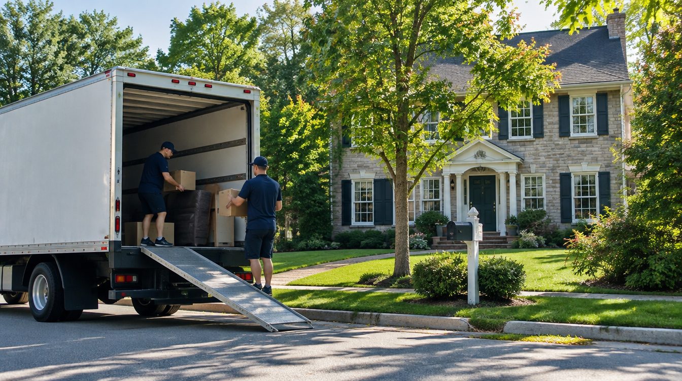 Professional movers carrying boxes from a moving truck into a home in Delaware