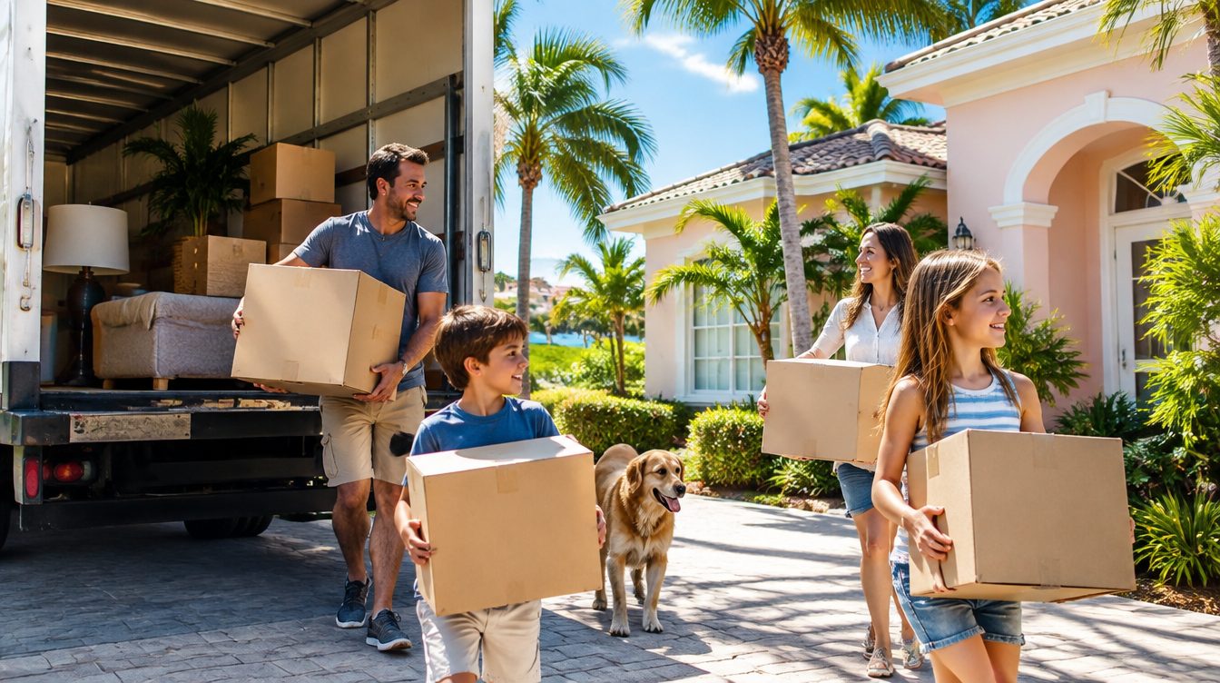 Professional movers carrying boxes from a moving truck into a home in Florida