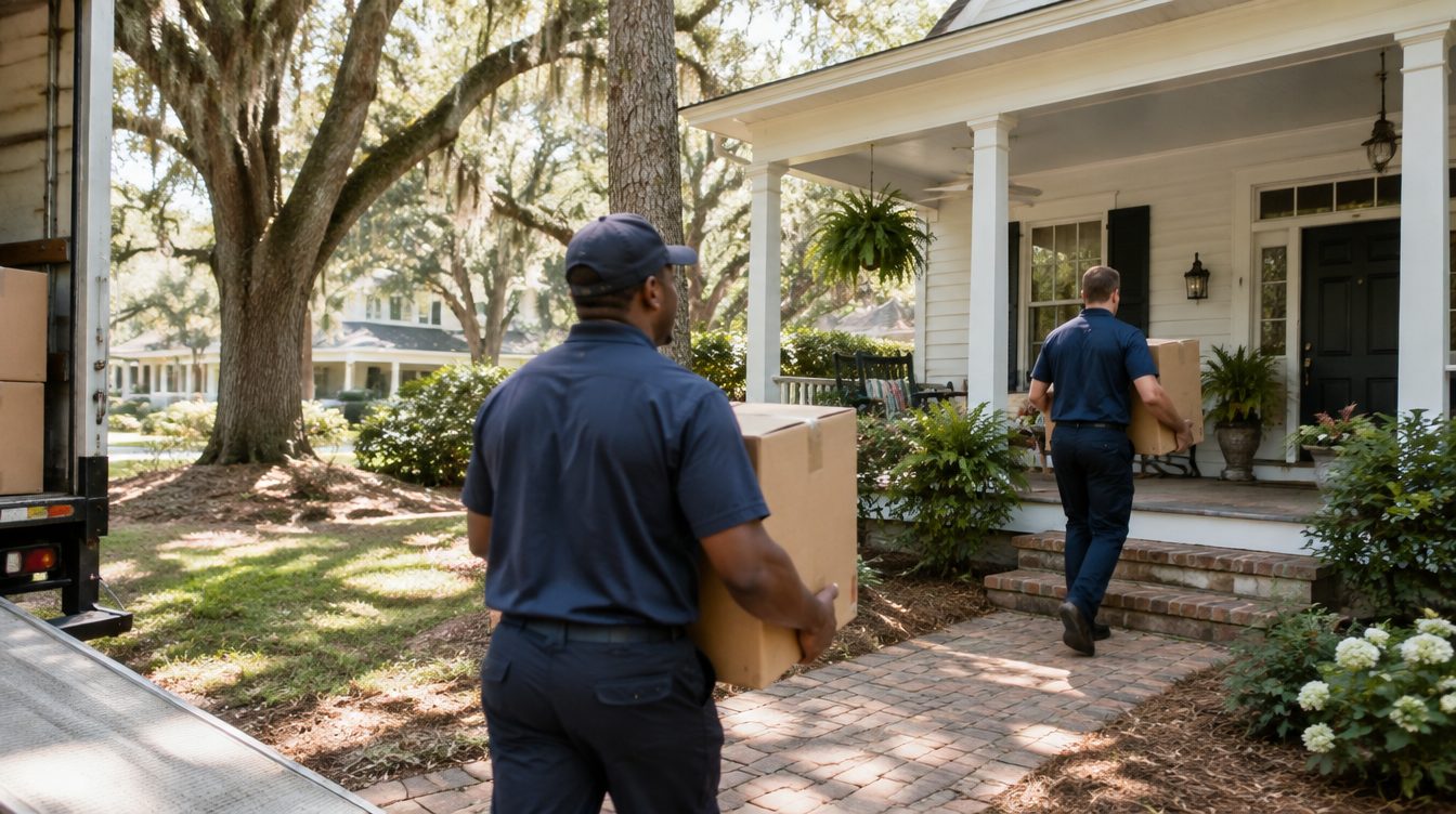 Professional movers carrying boxes from a moving truck into a home in Georgia