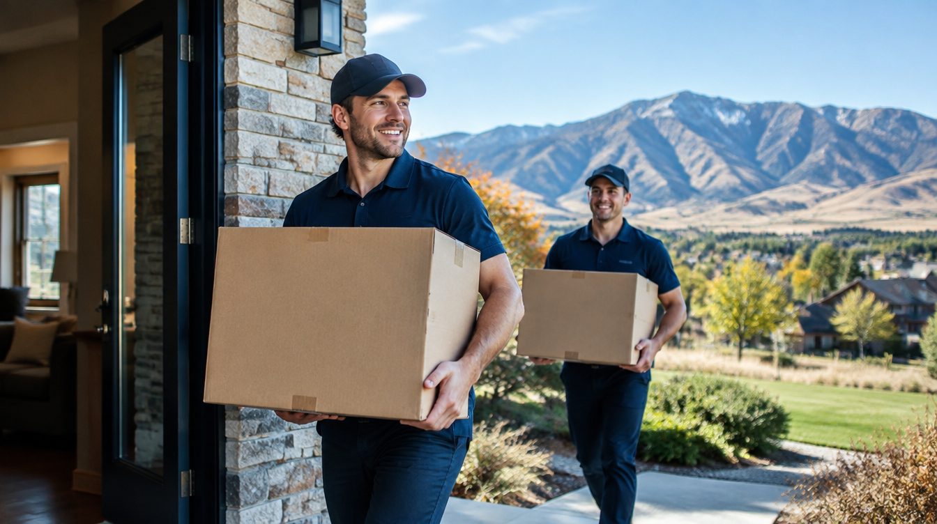 Professional movers carrying boxes from a moving truck into a home in Idaho