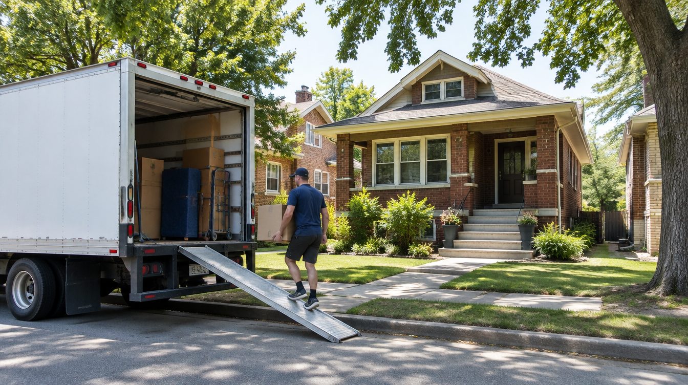 Professional movers carrying boxes from a moving truck into a home in Illinois