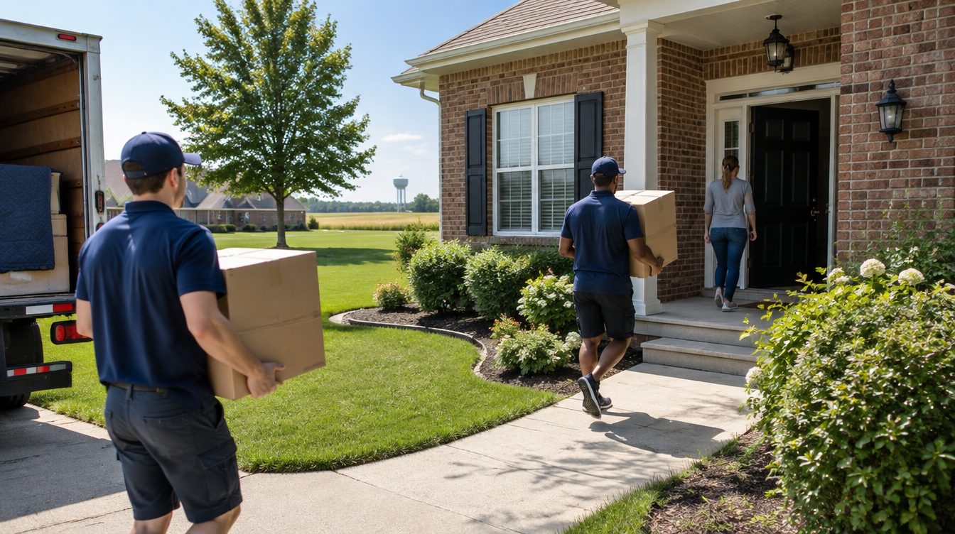 Professional movers carrying boxes from a moving truck into a home in Indiana