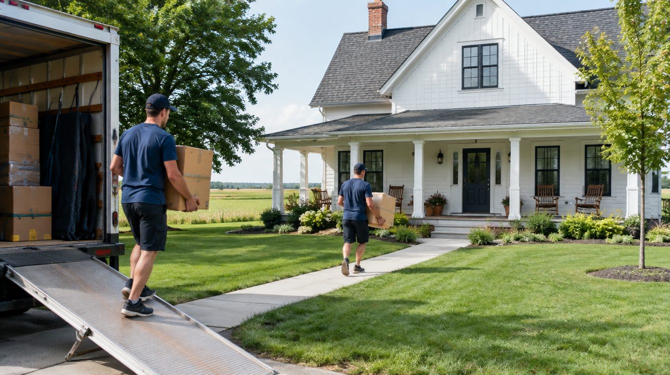 Professional movers carrying boxes from a moving truck into a home in Iowa