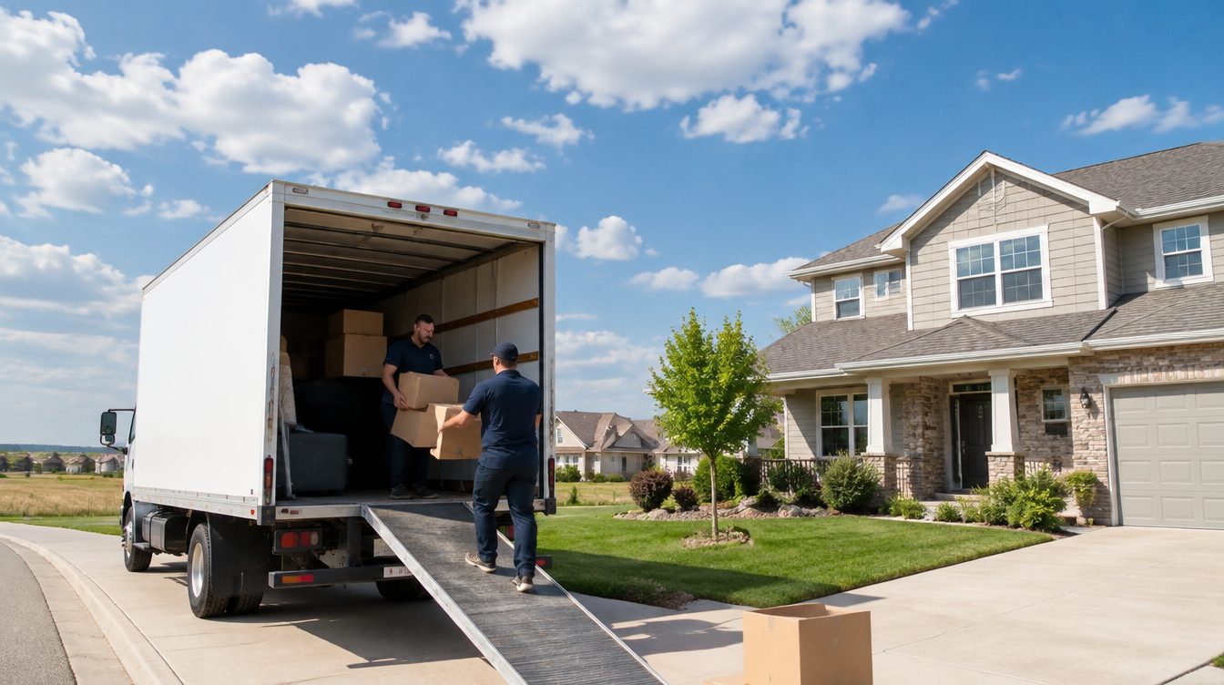 Professional movers carrying boxes from a moving truck into a home in Kansas
