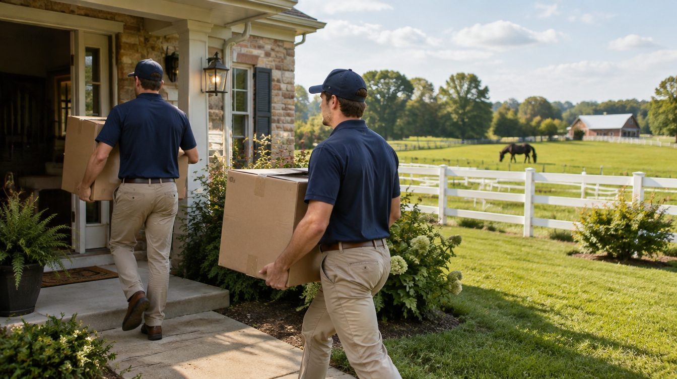 Professional movers carrying boxes from a moving truck into a home in Kentucky