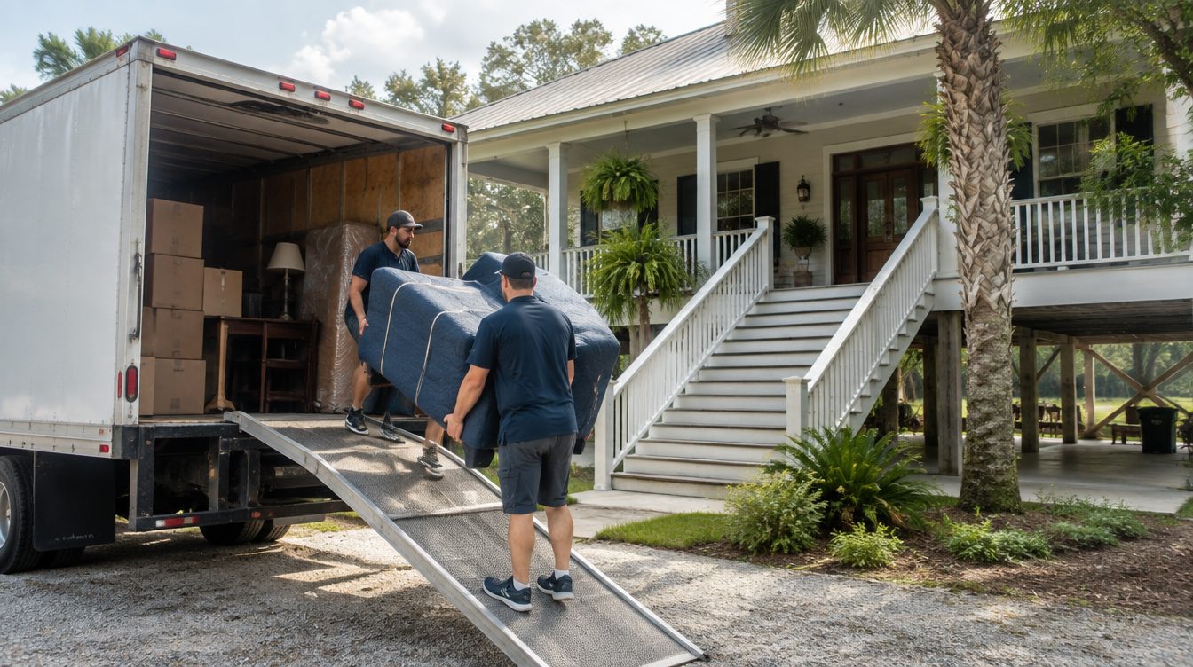 Professional movers carrying boxes from a moving truck into a home in Louisiana