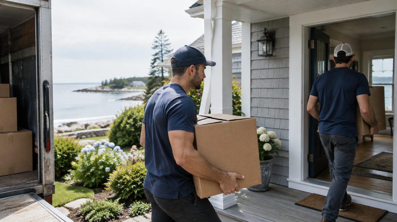 Professional movers carrying boxes from a moving truck into a home in Maine