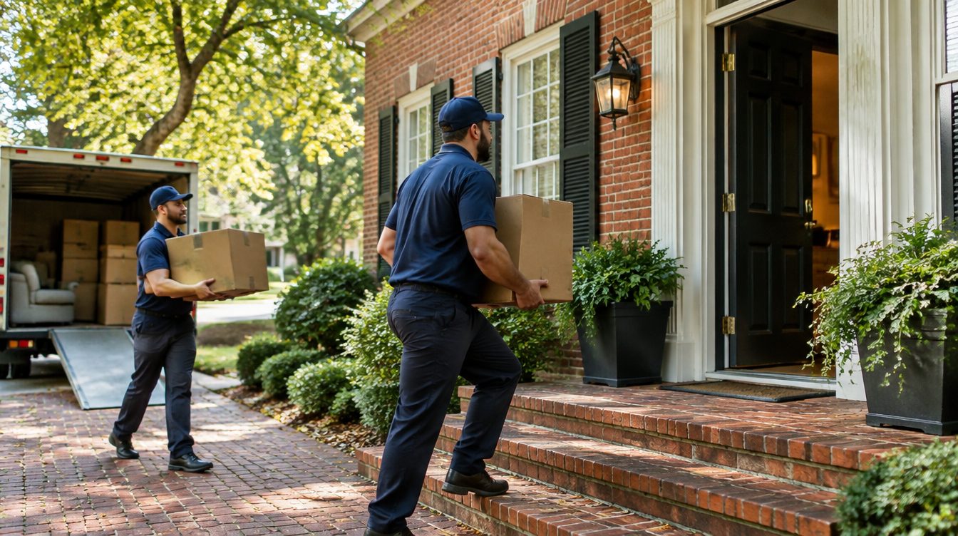 Professional movers carrying boxes from a moving truck into a home in Maryland