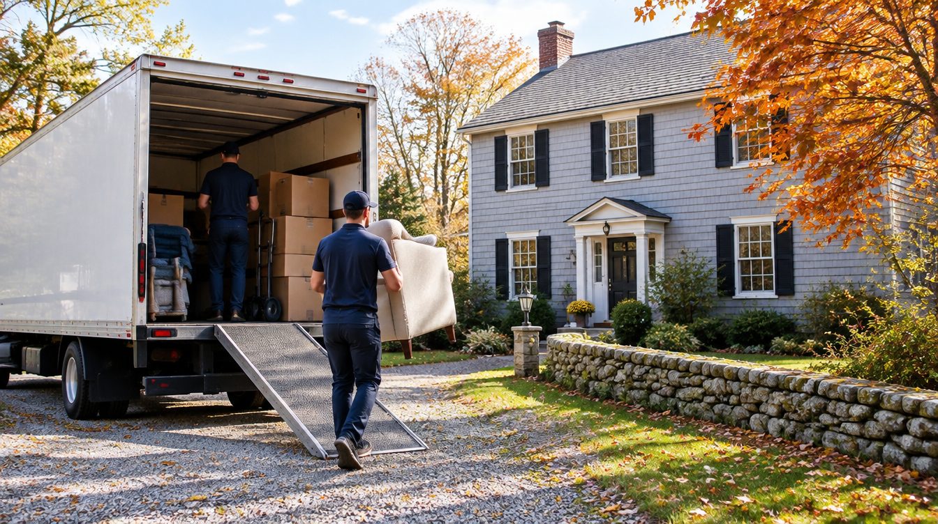 Professional movers carrying boxes from a moving truck into a home in Massachusetts