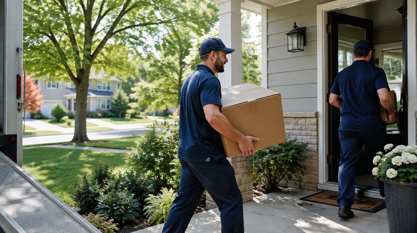 Professional movers carrying boxes from a moving truck into a home in Michigan