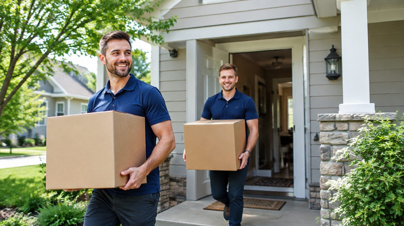 Professional movers carrying boxes from a moving truck into a home in Minnesota