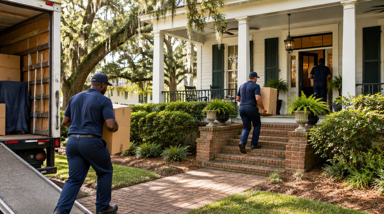 Professional movers carrying boxes from a moving truck into a home in Mississippi
