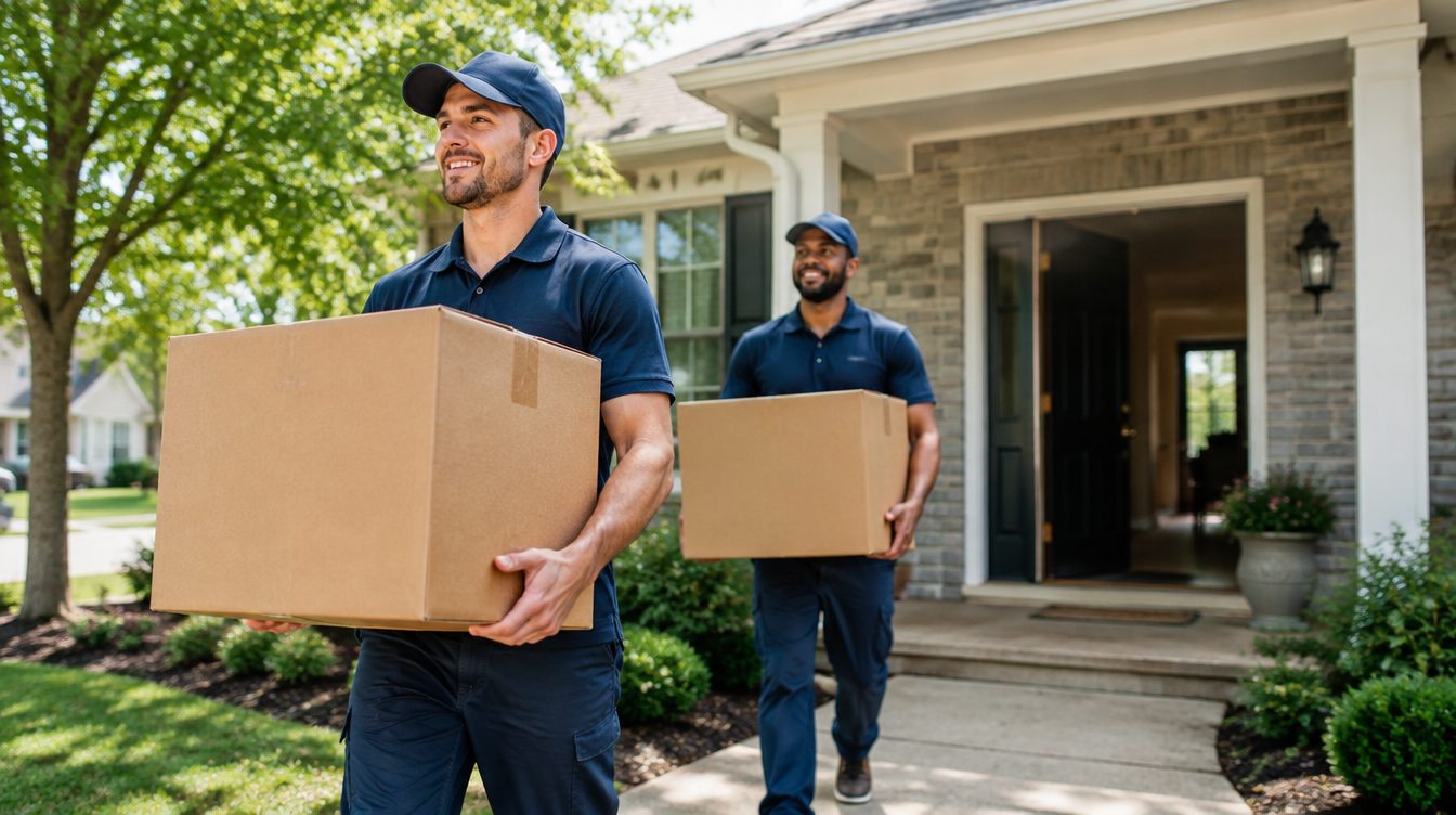 Professional movers carrying boxes from a moving truck into a home in Missouri