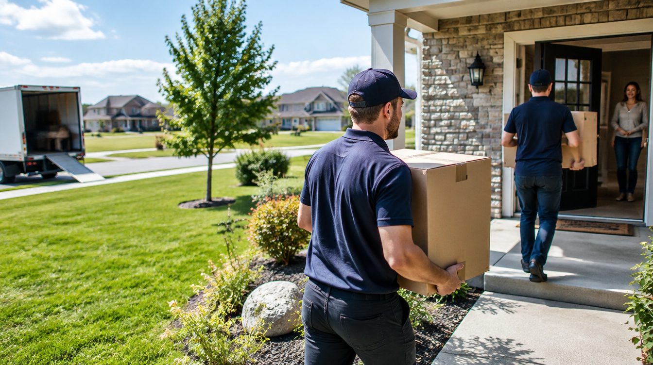 Professional movers carrying boxes from a moving truck into a home in Nebraska