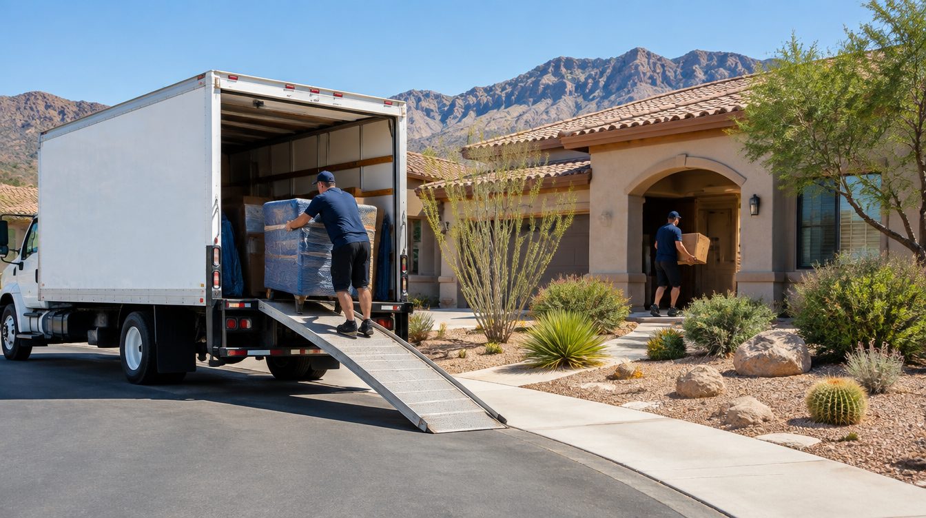Professional movers carrying boxes from a moving truck into a home in Nevada