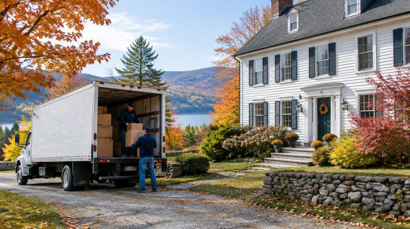 Professional movers carrying boxes from a moving truck into a home in New Hampshire