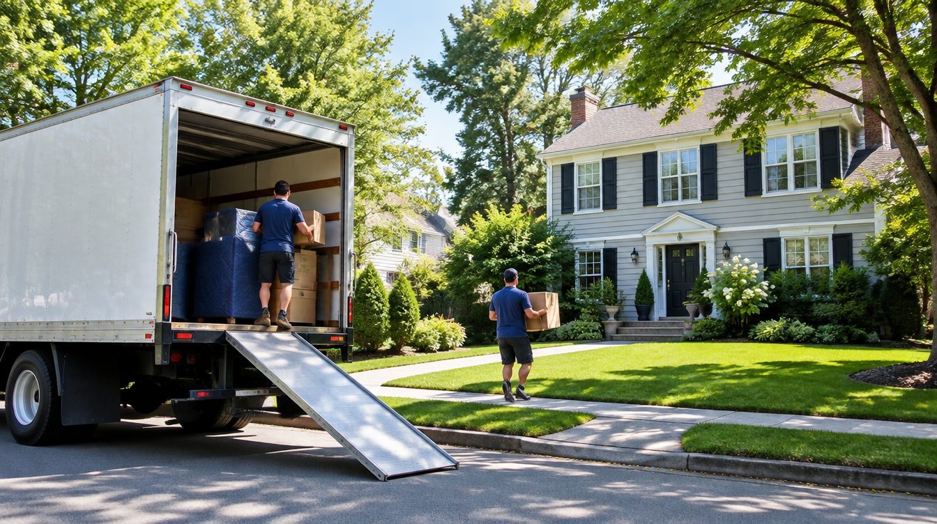 Professional movers carrying boxes from a moving truck into a home in New Jersey