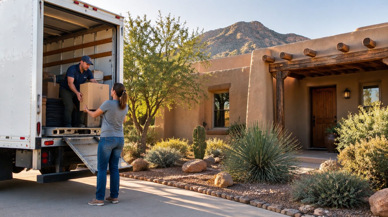 Professional movers carrying boxes from a moving truck into a home in New Mexico