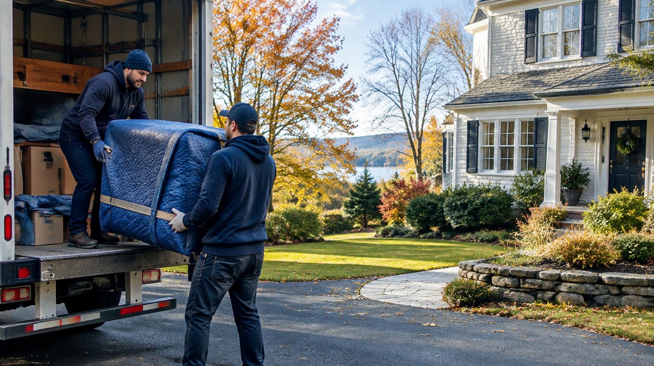 Professional movers carrying boxes from a moving truck into a home in New York