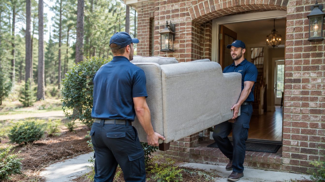 Professional movers carrying boxes from a moving truck into a home in North Carolina