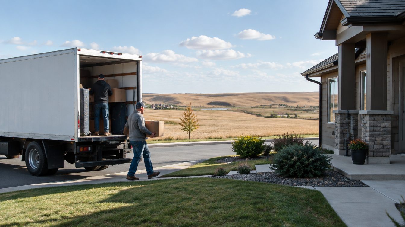 Professional movers carrying boxes from a moving truck into a home in North Dakota