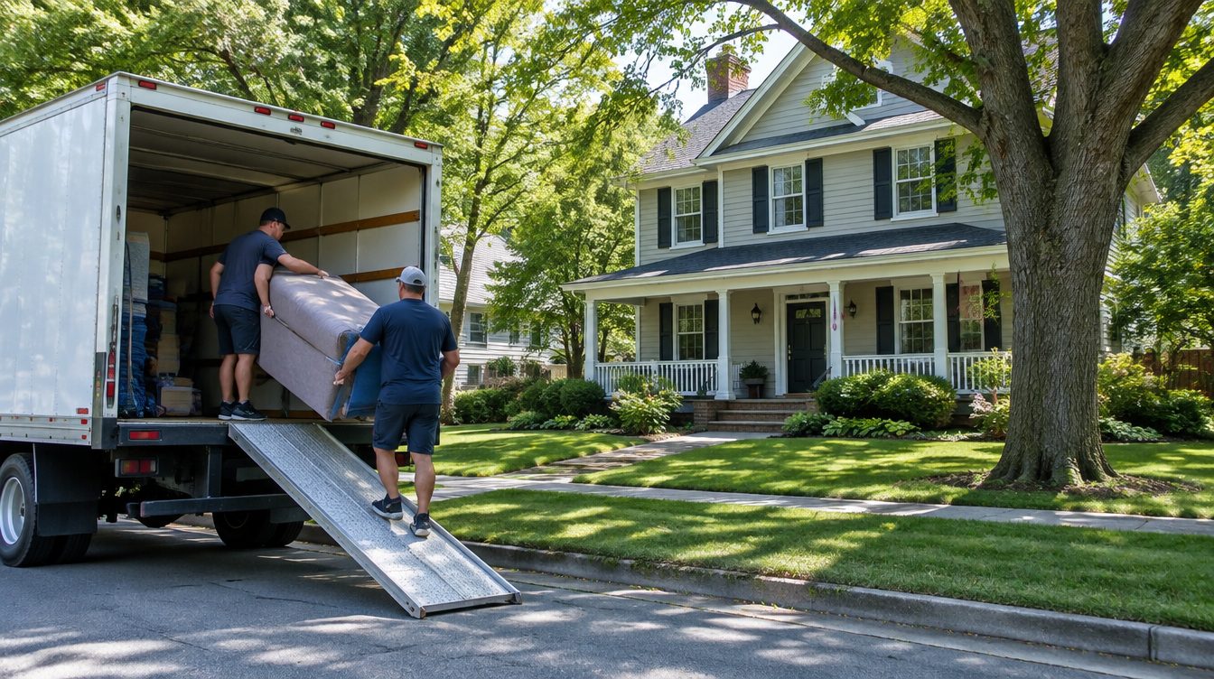 Professional movers carrying boxes from a moving truck into a home in Ohio