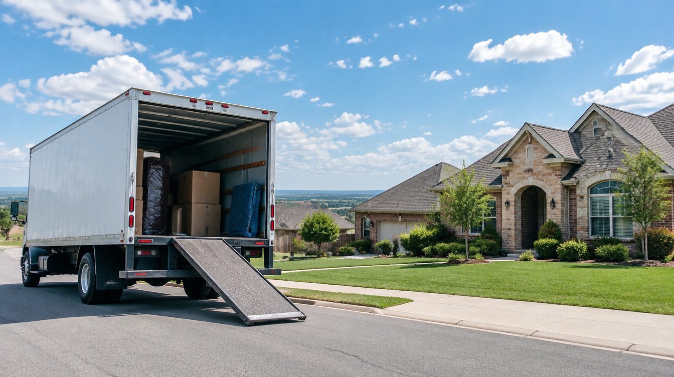 Professional movers carrying boxes from a moving truck into a home in Oklahoma