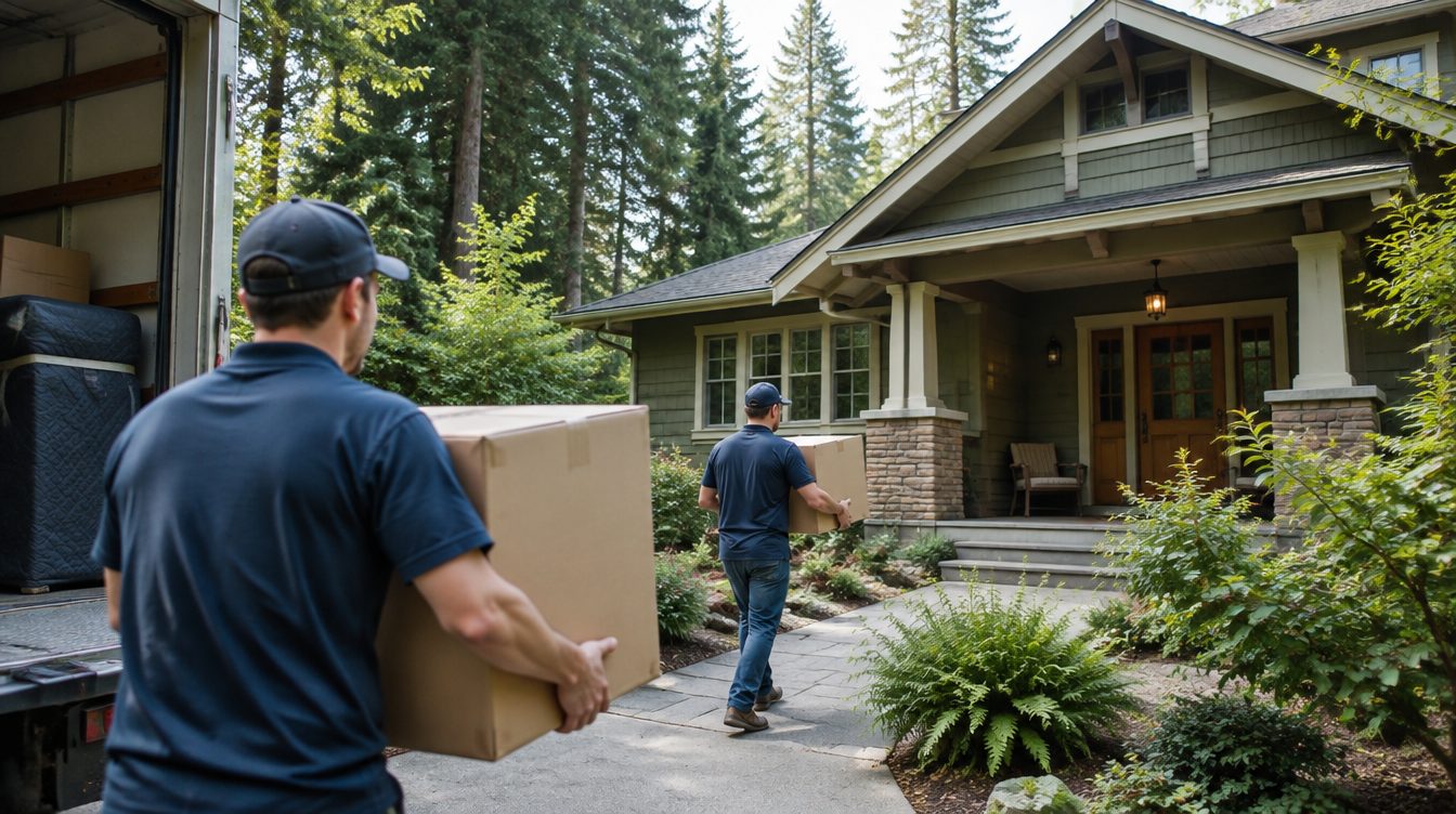 Professional movers carrying boxes from a moving truck into a home in Oregon