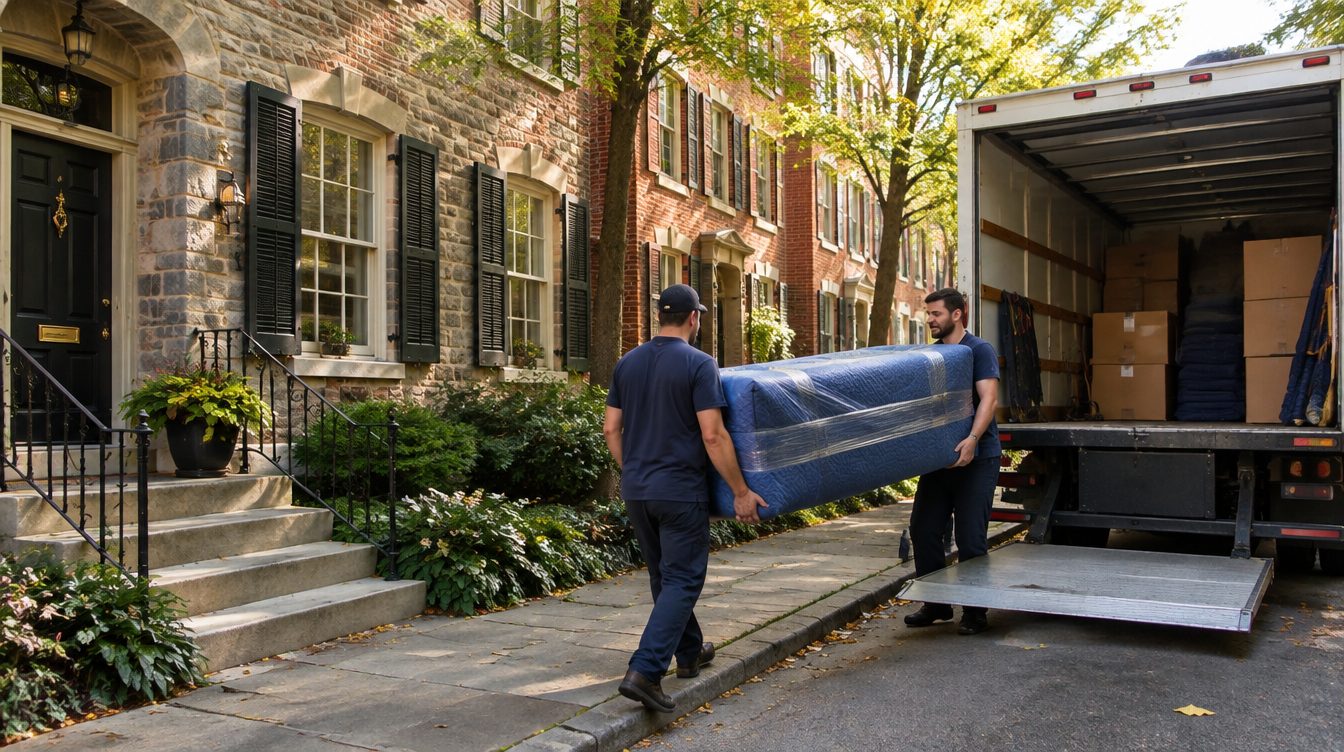 Professional movers carrying boxes from a moving truck into a home in Pennsylvania