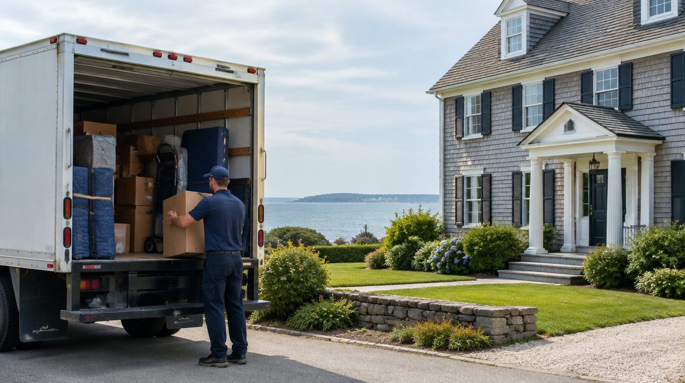 Professional movers carrying boxes from a moving truck into a home in Rhode Island