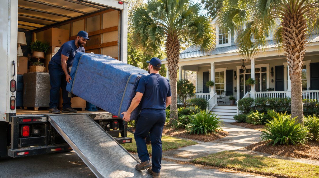 Professional movers carrying boxes from a moving truck into a home in South Carolina