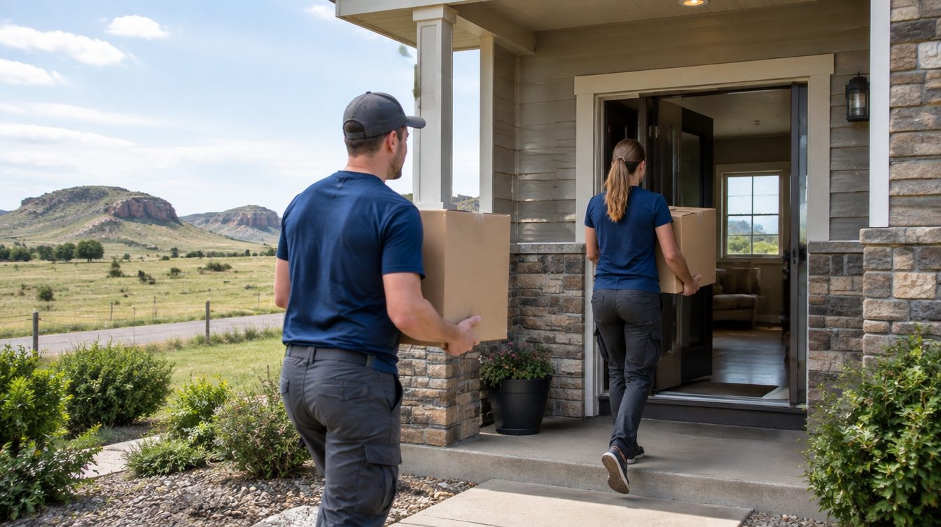 Professional movers carrying boxes from a moving truck into a home in South Dakota