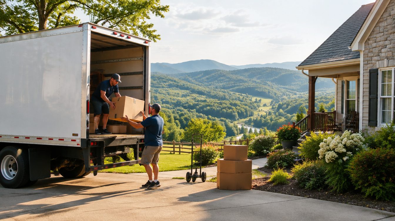 Professional movers carrying boxes from a moving truck into a home in Tennessee