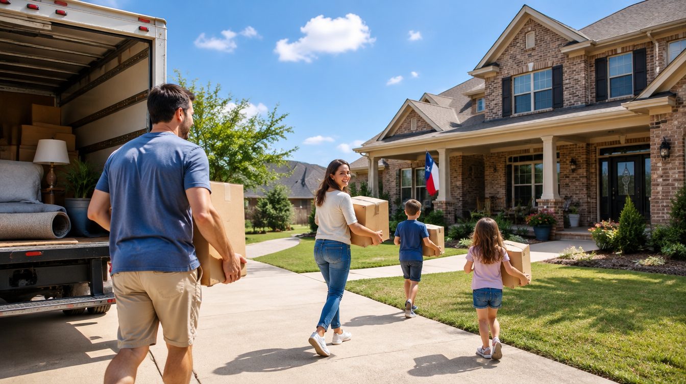 Professional movers carrying boxes from a moving truck into a home in Texas