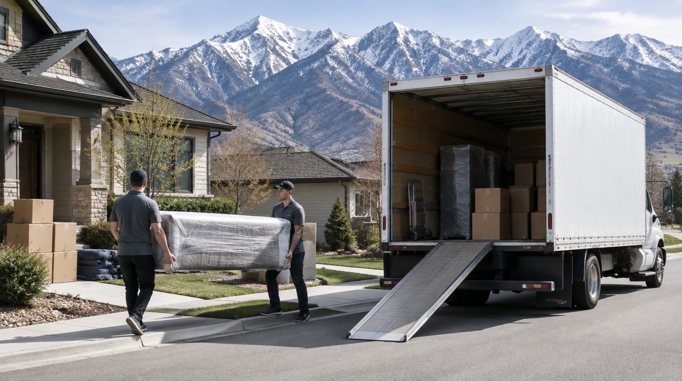 Professional movers carrying boxes from a moving truck into a home in Utah