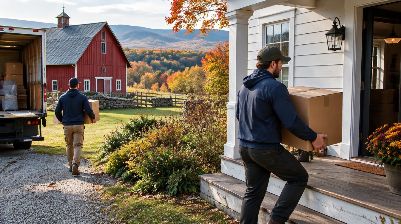 Professional movers carrying boxes from a moving truck into a home in Vermont