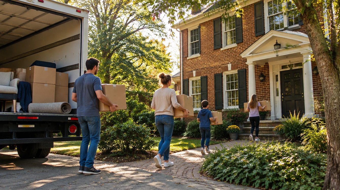 Professional movers carrying boxes from a moving truck into a home in Virginia