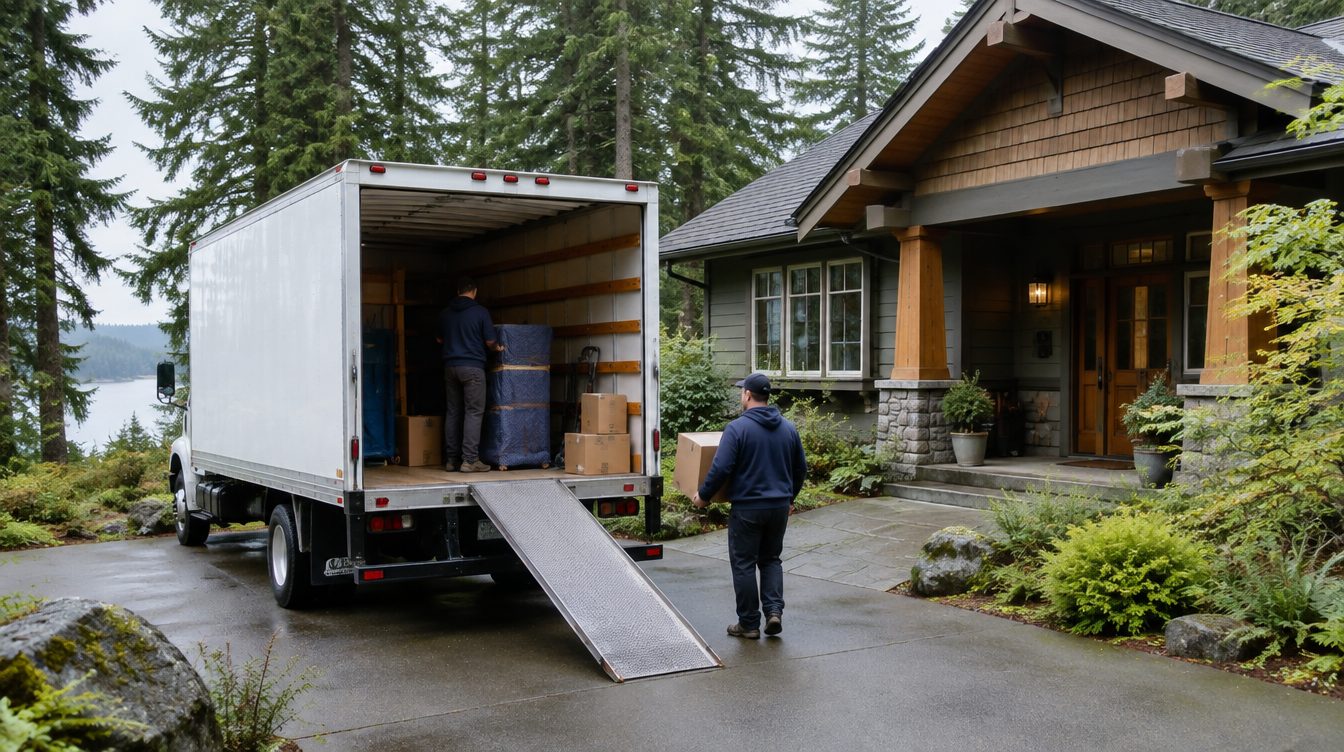 Professional movers carrying boxes from a moving truck into a home in Washington
