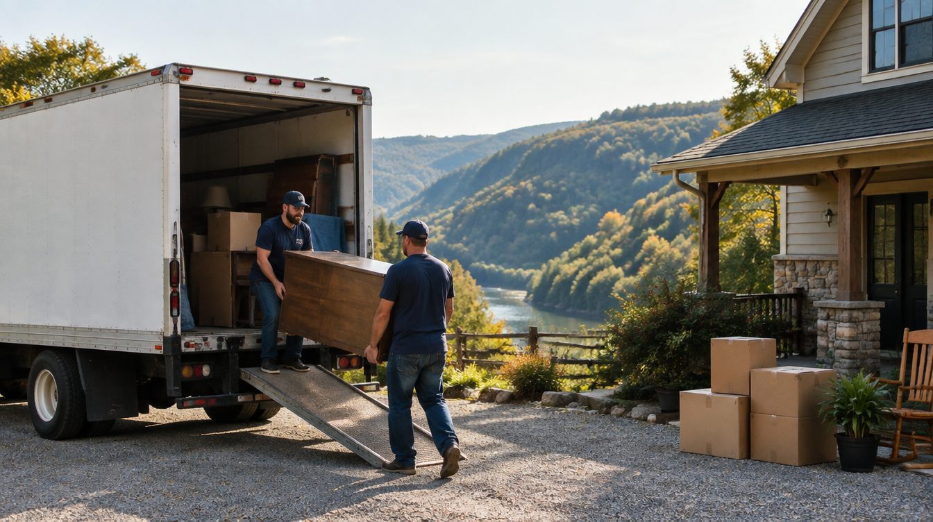 Professional movers carrying boxes from a moving truck into a home in West Virginia