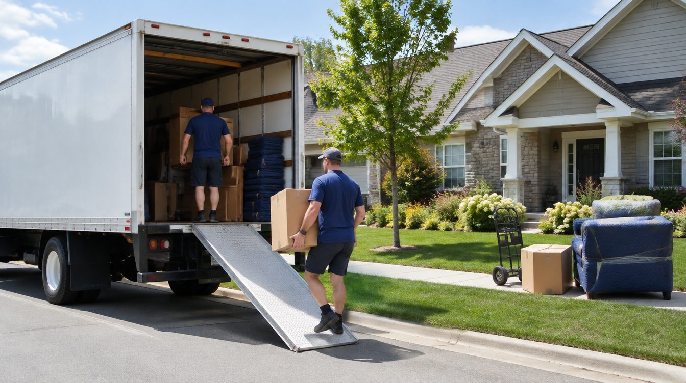 Professional movers carrying boxes from a moving truck into a home in Wisconsin