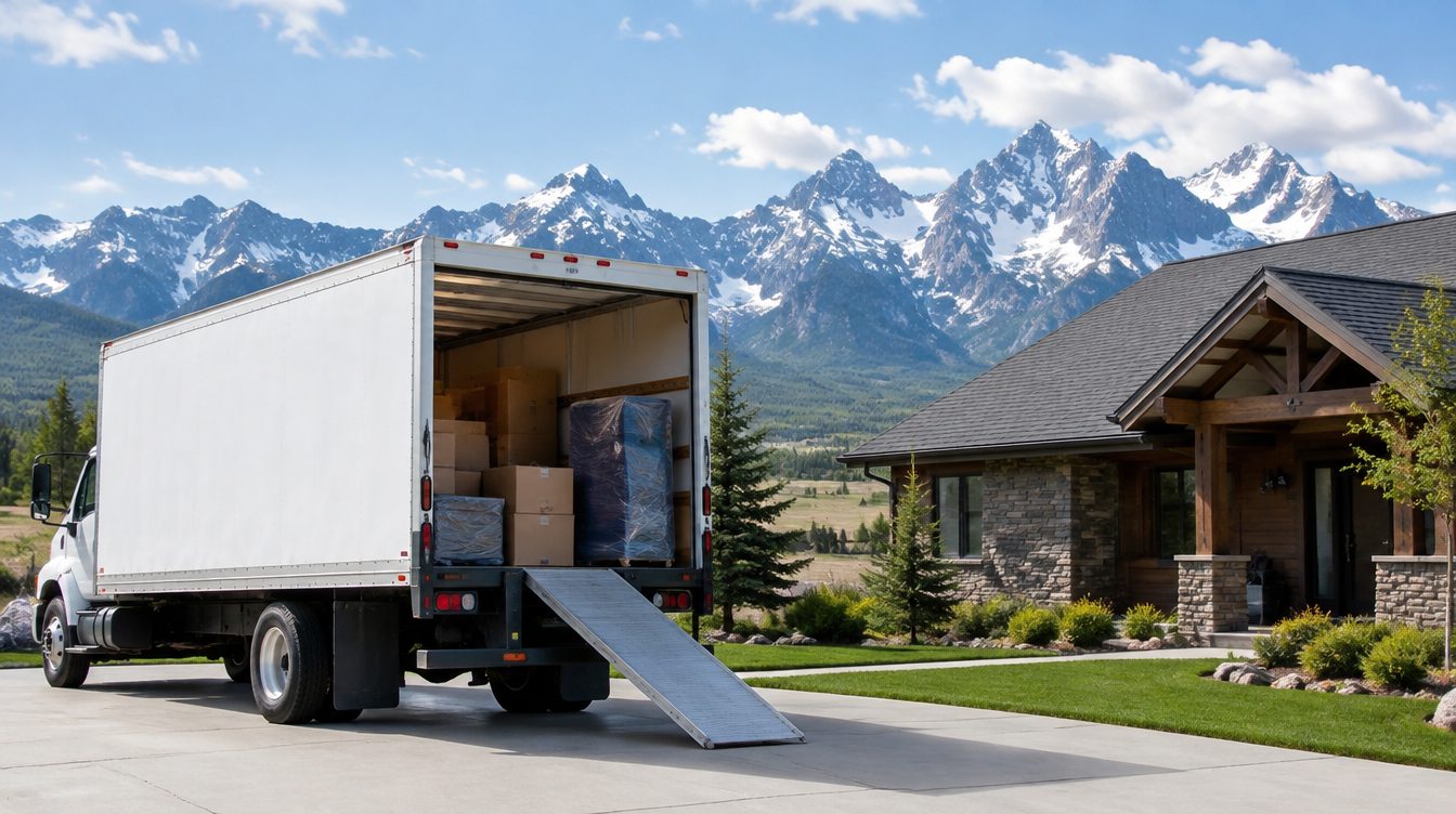 Professional movers carrying boxes from a moving truck into a home in Wyoming